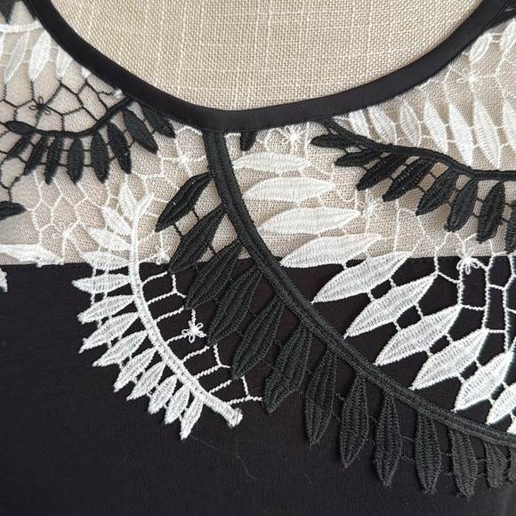 WHITE HOUSE BLACK MARKET-Black/White Lace Detail Top-Cap Sleeves-Knit Body Sz M - Picture 2 of 12